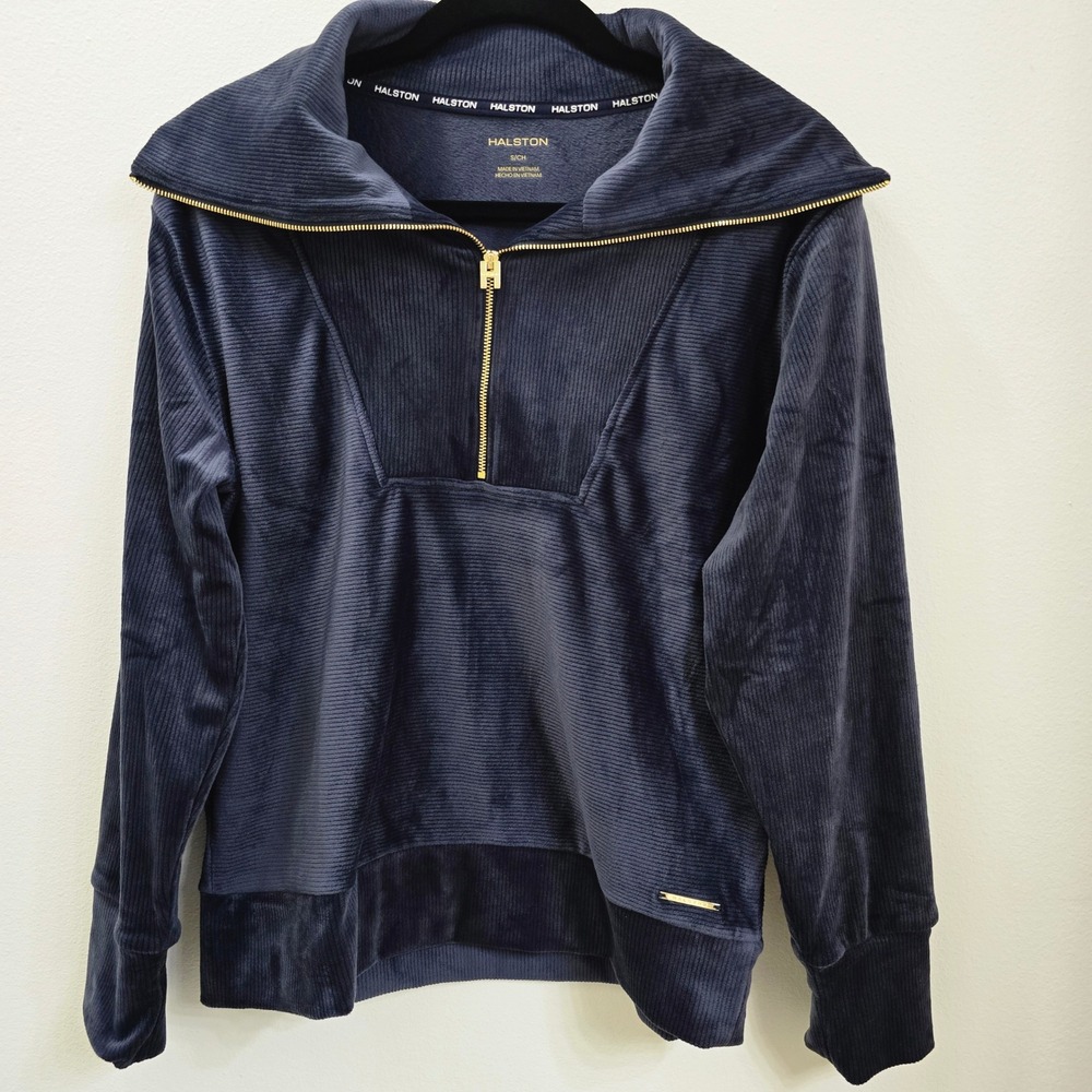 Halston Women Navy‎ Blue Ribbed Velour Quarter Zip Fleece Pullover Small NWT